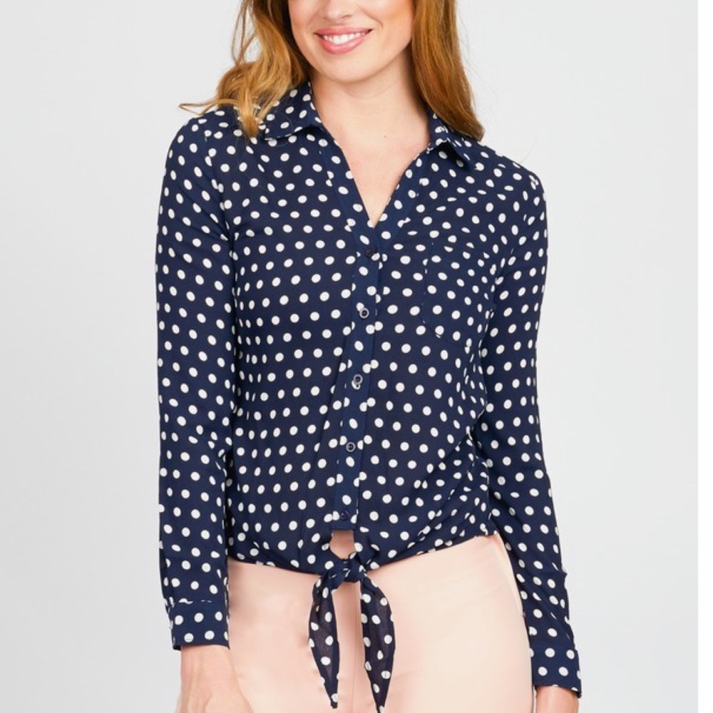 Noir Polka Dot Tie Waist Hem Blouse